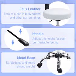 HOMCOM Rolling Stool with Backrest, Wheels, Faux Leather Salon Chair, White - Additional view 4