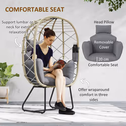 Outsunny Rattan Garden Egg Chair with Thickened Cushion, Headrest, Grey