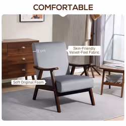 HOMCOM Velvet Armchair with Solid Wood Frame and Thick Padded - Grey