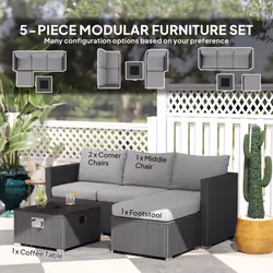 Outsunny 4 Seater Rattan Sofa Set with Footstool Thick Cushions Grey