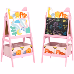 AIYAPLAY 2 in 1 Kids Easel with Whiteboard, Chalkboard, Storage Boxes, Pink