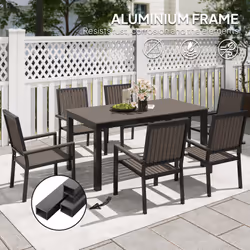 Outsunny 6 Seater Aluminium Garden Dining Set with Stackable Chairs, Brown