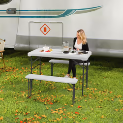 Outsunny 3 Piece Folding Picnic Table and Bench Set w/ Handle, Light Grey