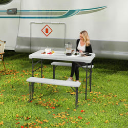 Outsunny 3 Piece Folding Picnic Table and Bench Set w/ Handle, Light Grey