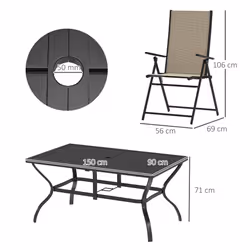 Outsunny 7 PCs Garden Dining Set, Folding Chairs and Metal Top Table, Khaki