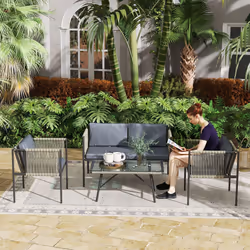Outsunny 4 Seater Wicker Outdoor Furniture Set with Glass Coffee Table Grey