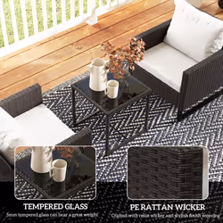 Outsunny 3PCS Rattan Bistro Set Glass Top Table and Chairs with 4 Cushions Brown - Additional view 4