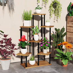 Outsunny 5 Tier Plant Stand, Tall Steel Wood Plant Shelf, Carbonised Finish