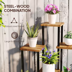 Outsunny 5 Tier Plant Stand, Tall Steel Wood Plant Shelf, Carbonised Finish - Additional view 4