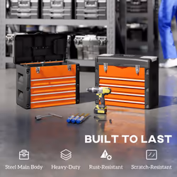 HOMCOM 4 Drawers Large Tool Box, Steel Toolbox with Handle, Orange