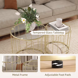HOMCOM Coffee Table Set of 2, Nest of Tables with Metal Frame, Gold Tone - Additional view 4