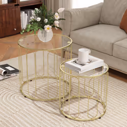 HOMCOM Coffee Table Set of 2, Nest of Tables with Metal Frame, Gold Tone - Additional view 5