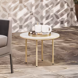 Outsunny Round Small Garden Table with Faux Marble Glass Top, Beige - Additional view 6