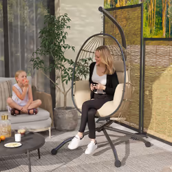 Outsunny Egg Chair Outdoor Indoor Garden Swing Chair, Folding Basket, Khaki