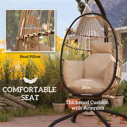 Outsunny Egg Chair Outdoor Indoor Garden Swing Chair, Folding Basket, Khaki