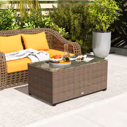 Outsunny Outdoor Coffee Table, Glass Top Rattan Side Table, Brown