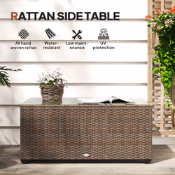 Outsunny Outdoor Coffee Table, Glass Top Rattan Side Table, Brown