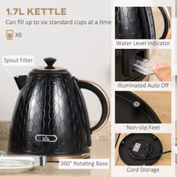 HOMCOM Kettle and Toaster Set 1.7L Fast Boil Kettle & 2 Slice Toaster Set - Black
