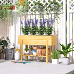 Outsunny Wooden Raised Bed w/ Bed Liner, Storage Shelf, Natural Wood Finish