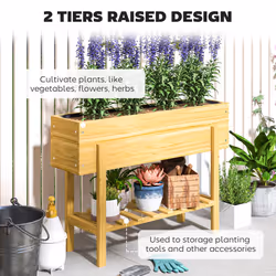 Outsunny Wooden Raised Bed w/ Bed Liner, Storage Shelf, Natural Wood Finish