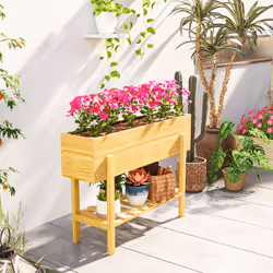 Outsunny Wooden Raised Bed w/ Bed Liner, Storage Shelf, Natural Wood Finish - Additional view 7