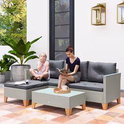 Outsunny L Shaped Garden Conversation Chaise Lounge Furniture, Charcoal Grey