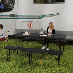 Outsunny Rattan Effect Folding Picnic Table and Bench Set w/ Handles, Black