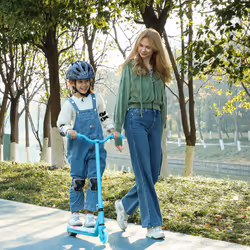 AIYAPLAY Electronic Ride on Scooter for Kids w/ Auxiliary Rear Wheels, Blue