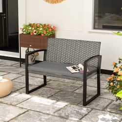 Outsunny 2 Seater Rattan Garden Bench with Cushion, Steel Frame, Dark Grey
