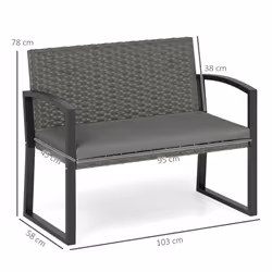 Outsunny 2 Seater Rattan Garden Bench with Cushion, Steel Frame, Dark Grey