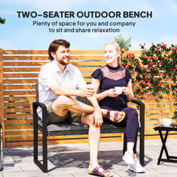 Outsunny 2 Seater Rattan Garden Bench with Cushion, Steel Frame, Dark Grey