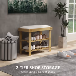 HOMCOM 3-Tier Shoe Storage Bench, Bamboo Shoe Rack for Entryway, Cream - Additional view 4