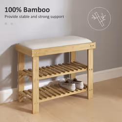 HOMCOM 3-Tier Shoe Storage Bench, Bamboo Shoe Rack for Entryway, Cream - Additional view 5