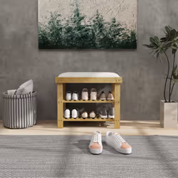 HOMCOM 3-Tier Shoe Storage Bench, Bamboo Shoe Rack for Entryway, Cream - Additional view 7