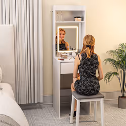 HOMCOM Compact Dressing Table with Lighted Mirror Open Shelves Drawer White - Additional view 7