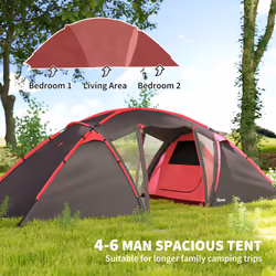 Outsunny 4-6 Man Family Camping Tent w/ 2 Bedrooms, a Living Room, Grey