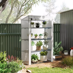 Outsunny 4 Tier Lean-to Mini Greenhouse with Reinforced PE Cover, Grey