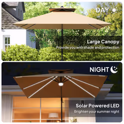 Outsunny 2.5m Cantilever Parasol, Garden Parasol with Lights, Khaki