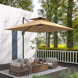 Outsunny 2.5m Cantilever Parasol, Garden Parasol with Lights, Khaki - Additional view 6