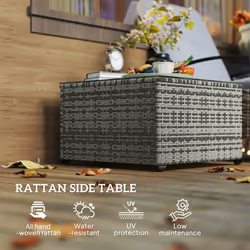 Outsunny Outdoor Coffee Table with Glass Top, Rattan Side Table, Light Grey
