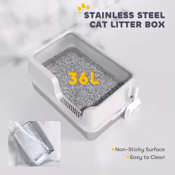 PawHut Stainless Steel Litter Box, High Sided Metal Cat Litter Tray w/ Scoop