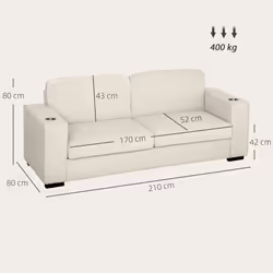 HOMCOM Modern 3 Seater Sofa Upholstered Corduroy Sofa Couch Cream White