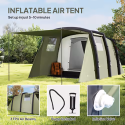 Outsunny Inflatable 3-4 Man Tunnel Tent w/ Pump, Living Area, Olive Green