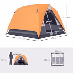 Outsunny 3-4 Person Camping Tent, Waterproof Tent, Orange and Grey