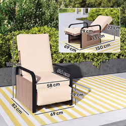 Outsunny Rattan Garden Recliner Chair Sun Lounger w/ Side Tray, Brown/Khaki