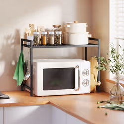 HOMCOM 2-Tier Expandable Microwave Oven Rack with 3 Hooks, Black