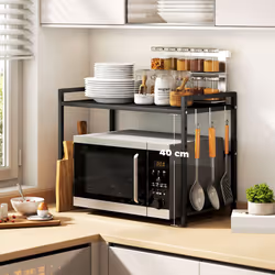 HOMCOM 2-Tier Expandable Microwave Oven Rack with 3 Hooks, Black