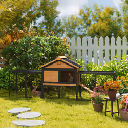 PawHut Rabbit Hutch Outdoor with Steel Run, Removable Plastic Tray - Additional view 6