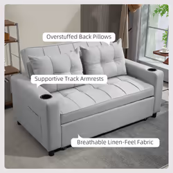 HOMCOM 2 Seater Pull Out Sofa Bed with Pockets for Living Room Light Grey