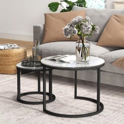 HOMCOM Glass Coffee Table Set of 2, Round Nest of Tables, White
